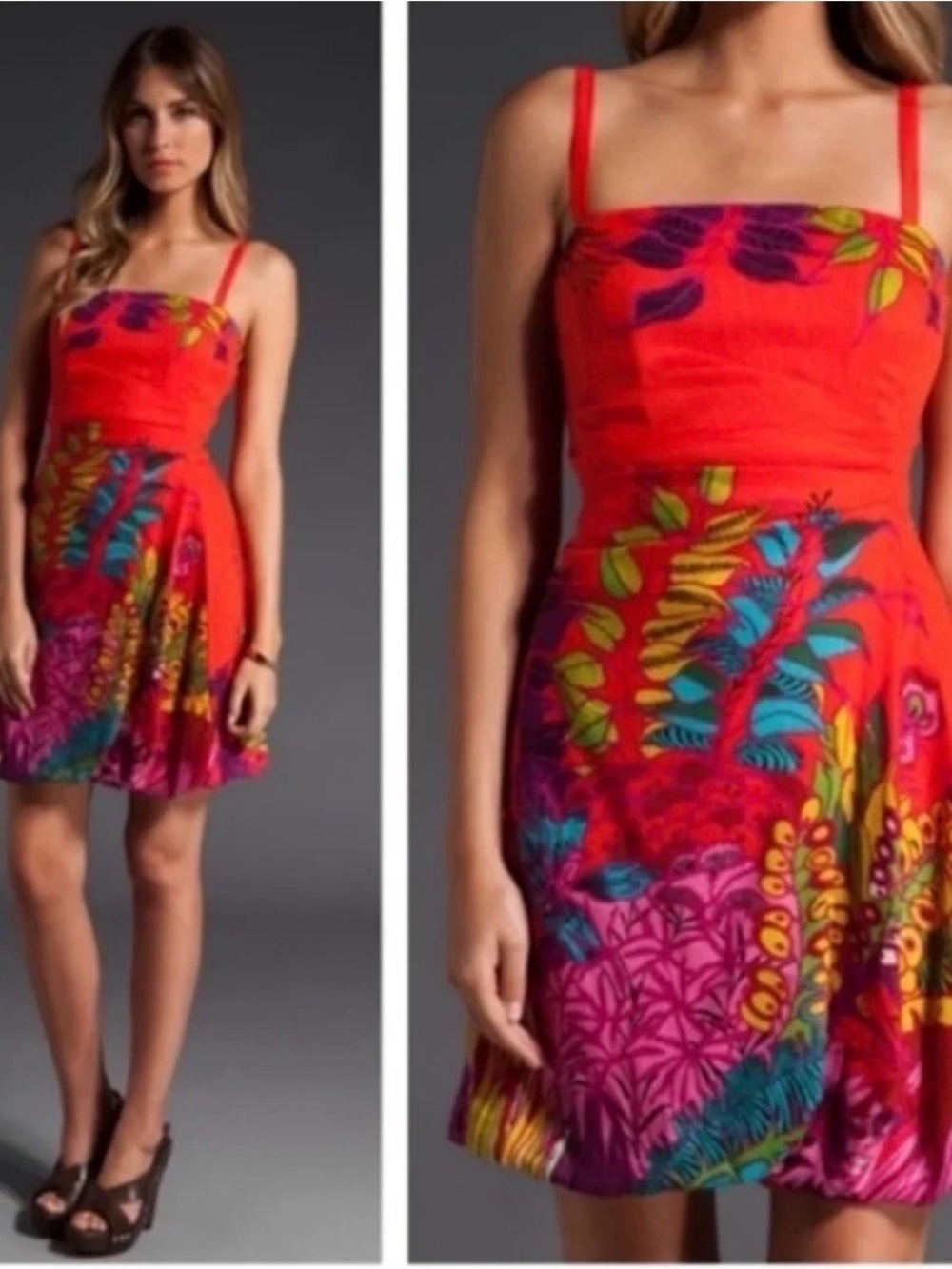 Nanette Lepore Red Tropical Print Spaghetti Strap Mini Dress Silk Blend 4